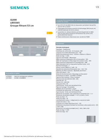 Product information | Siemens LB55565 IQ300 Groupe filtrant Product fiche | Fixfr