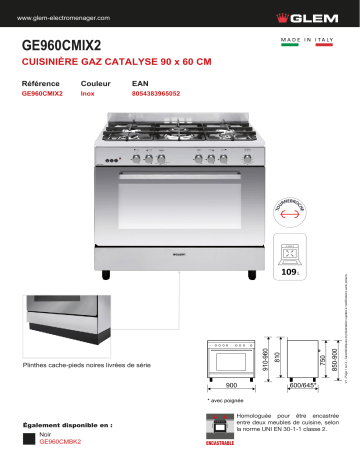 Product information | Glem GE960CMIX2 Piano de cuisson gaz Product fiche | Fixfr