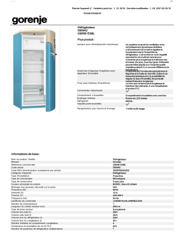 Product information | Gorenje OBRB153BL Volkswagen Réfrigérateur 1 porte Product fiche | Fixfr