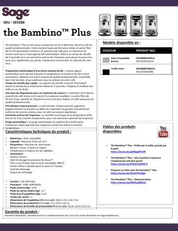 Product information | Sage Appliances Bambino Plus Machine à expresso Product fiche | Fixfr