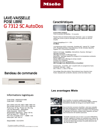 Product information | Miele G7312SC AutoDos Lave vaisselle 60 cm Product fiche | Fixfr