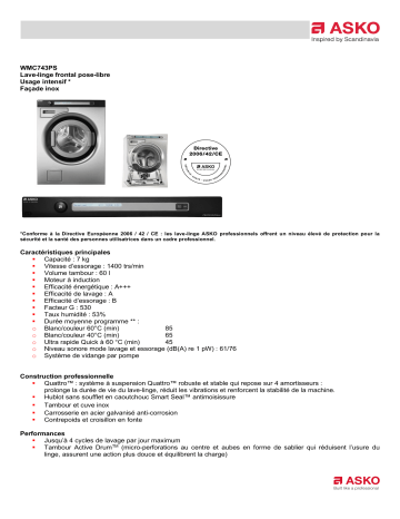 Product information | Asko WMC743PS Lave linge hublot Product fiche | Fixfr
