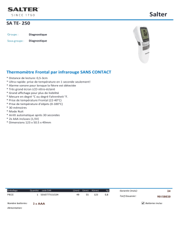 Product information | Salter sans contact Thermomètre Product fiche | Fixfr