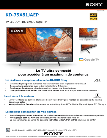 Product information | Sony KD-75X81J Google TV TV LED Product fiche | Fixfr