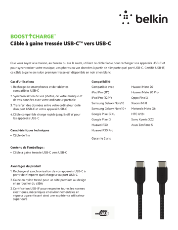 Product information | Belkin Boost Charge USB-C USB-C M/M 1M Noir Câble USB C Product fiche | Fixfr