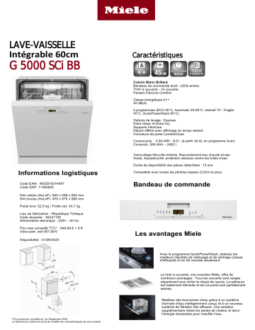Manuel du propriétaire | Miele G 5000 Sci blanc Lave vaisselle encastrable Owner's Manual | Fixfr