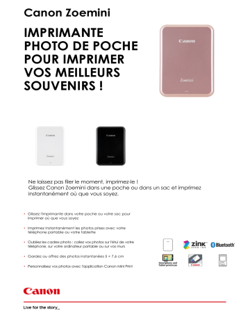 Product information | Canon Kit Zoemini Blanche+50 feuilles+Housse Imprimante photo portable Product fiche | Fixfr