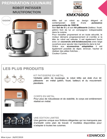 Product information | Kenwood KMX760GD Kmix Cuivre Robot pâtissier Product fiche | Fixfr