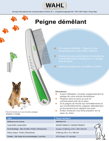 Product information | Wahl pour animaux Detangling Comb Peigne pour chien Product fiche | Fixfr