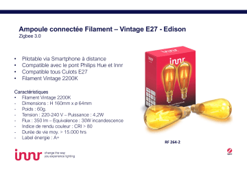 Product information | Innr E27 x2 Connectée Vintage filament 2200K Ampoule connectée Product fiche | Fixfr
