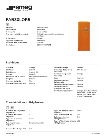 Product information | Smeg FAB30LOR5 Réfrigérateur combiné Product fiche | Fixfr