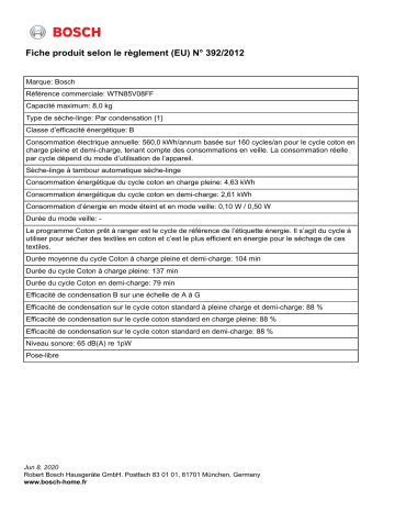 Manuel du propriétaire | Bosch WTN85V08FF Sèche linge à condensation Owner's Manual | Fixfr