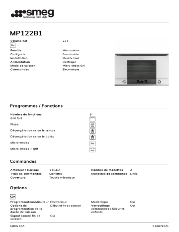 Product information | Smeg MP122B1 Micro-ondes encastrable Product fiche | Fixfr