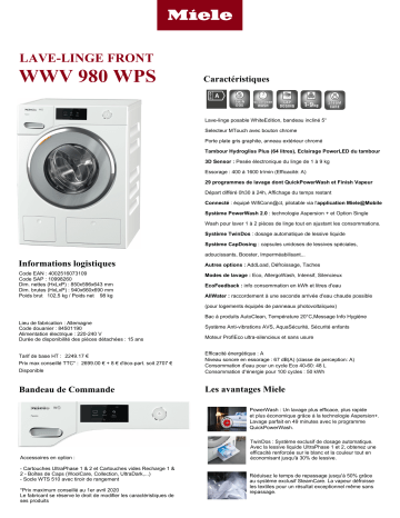 Product information | Miele WWV980WPS Lave linge hublot Product fiche | Fixfr