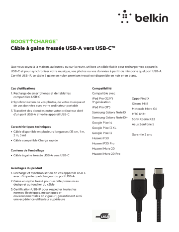 Product information | Belkin tresse 15cm Noir Câble USB C Product fiche | Fixfr