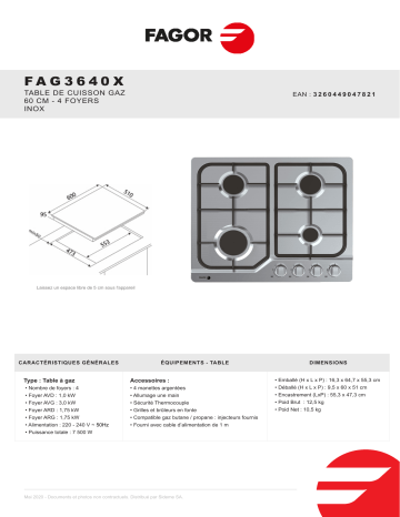 Product information | Fagor FAG3640X Table gaz Product fiche | Fixfr