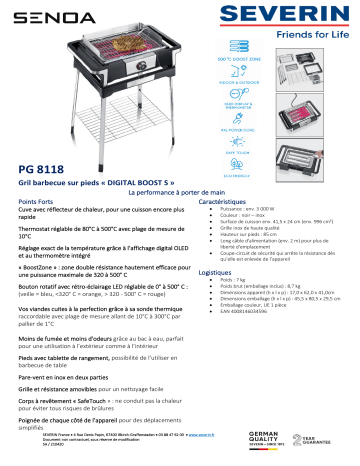 Product information | Severin PG 8118 DIGITAL BOOST S Barbecue électrique Product fiche | Fixfr