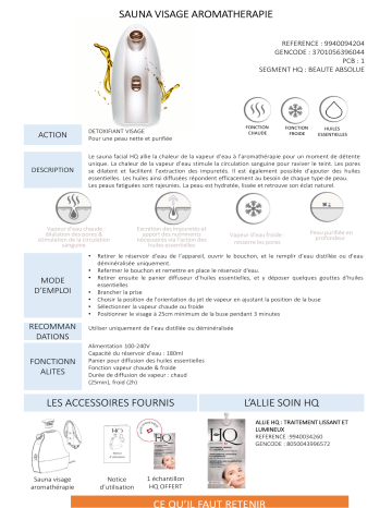 Product information | HQ Aromathérapie Sauna facial Product fiche | Fixfr
