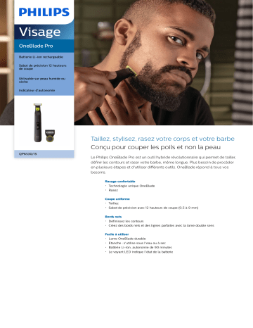 Product information | Philips OneBlade Pro visage QP6530/15 Tondeuse barbe Product fiche | Fixfr