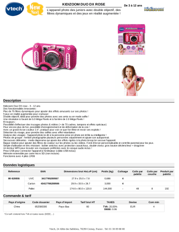 Product information | Vtech Kidizoom Duo DX rose Appareil photo enfant Product fiche | Fixfr