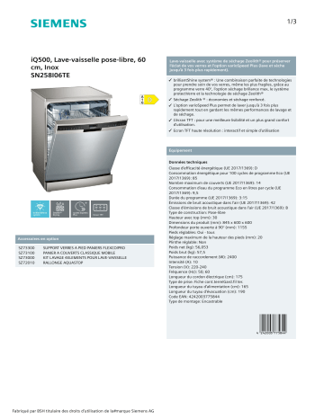 Product information | Siemens SN258I06TE IQ500 Lave vaisselle 60 cm Product fiche | Fixfr
