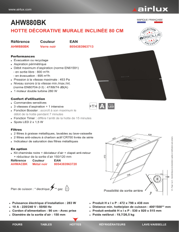 Product information | Airlux AHW880BK Hotte décorative murale Product fiche | Fixfr