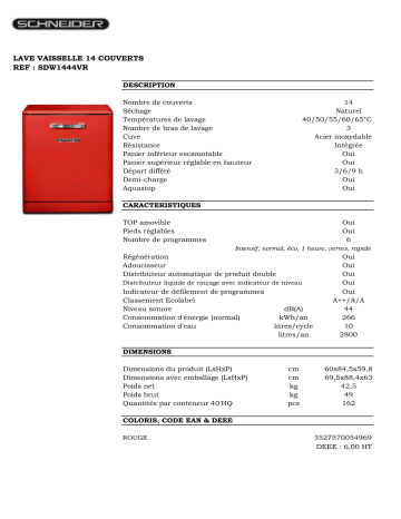 Product information | Schneider SDW1444VR Vintage Rouge Lave vaisselle 60 cm Product fiche | Fixfr