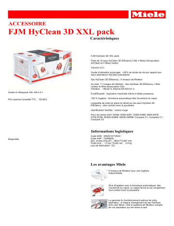 Product information | Miele HyClean PACK XXL FJM 3D Sac aspirateur Product fiche | Fixfr