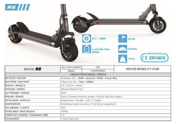 Product information | Revoe RS Max 500W 36V-15AH Grise Trottinette électrique Product fiche | Fixfr