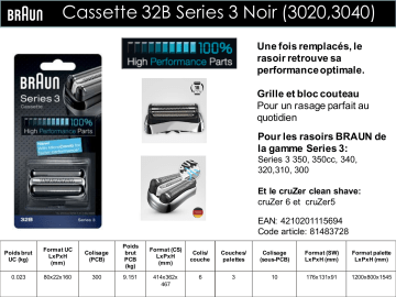 Product information | Braun Cassette 32B series 3 noir Tête de rasoir Product fiche | Fixfr