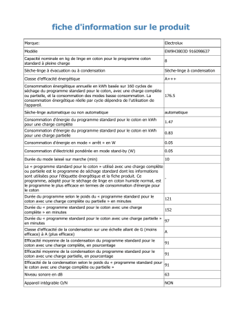 Product information | Electrolux EW9H3803D Sèche linge pompe à chaleur Product fiche | Fixfr