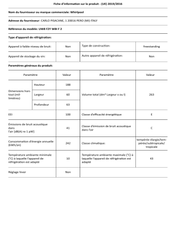 Product information | Whirlpool UW8F2YWBIF2 Congélateur armoire Product fiche | Fixfr