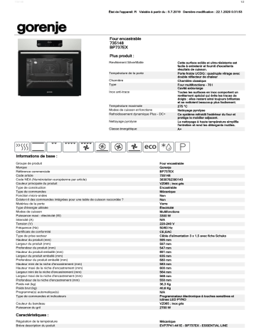 Product information | Gorenje BP737EX Four encastrable Manuel utilisateur | Fixfr