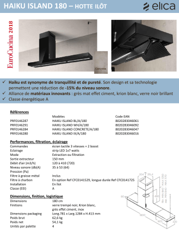 Product information | Elica HAIKU ISLAND BL/A/180 Hotte décorative îlot Product fiche | Fixfr