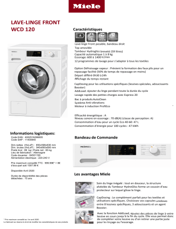 Product information | Miele WCD 120 Lave linge hublot Product fiche | Fixfr