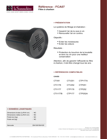 Product information | La Sommeliere FCA07 Filtre à charbon Product fiche | Fixfr