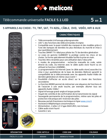 Product information | Meliconi FACILE 5.1 LED Télécommande universelle Product fiche | Fixfr