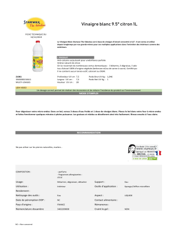 Product information | Starwax 1L VINAIGRE BLANC CITRON Nettoyant multi usages Product fiche | Fixfr