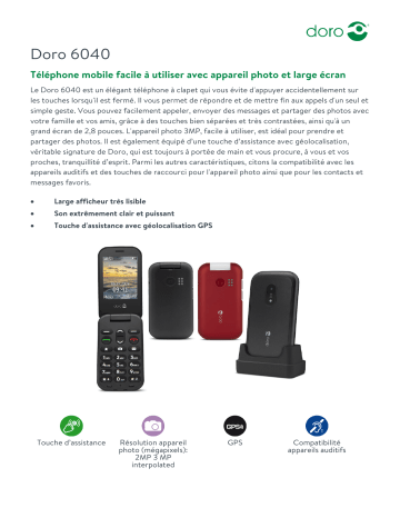 Product information | Doro 6040 Rouge / Blanc Téléphone portable Product fiche | Fixfr