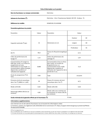 Product information | Electrolux EES69310L Lave vaisselle tout intégrable 60 cm Manuel utilisateur | Fixfr