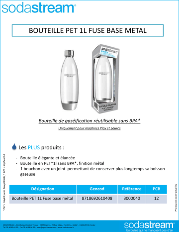 Product information | Sodastream PET 1L FUSE base métal Bouteille Product fiche | Fixfr