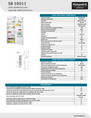 Product information | Hotpoint SB18011 Réfrigérateur 1 porte encastrable Product fiche | Fixfr