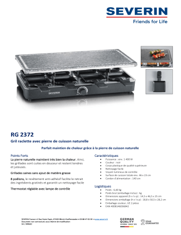 Product information | Severin RG 2372 8 personnes Raclette Product fiche | Fixfr