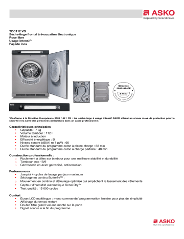 Product information | Asko TDC112VS Sèche linge à évacuation Product fiche | Fixfr