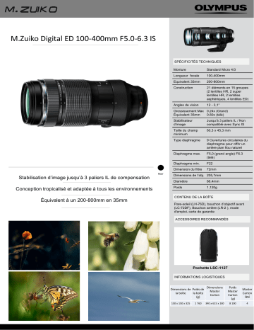 Product information | Olympus M.Zuiko Digital ED 100-400mm F5.0-6.3 IS Objectif pour Hybride Product fiche | Fixfr