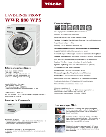 Product information | Miele WWR880WPS Lave linge hublot Product fiche | Fixfr