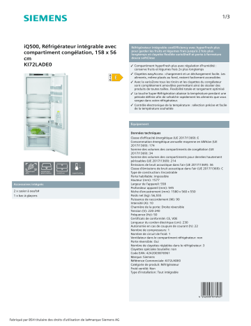 Product information | Siemens KI72LADE0 Réfrigérateur 1 porte encastrable Product fiche | Fixfr