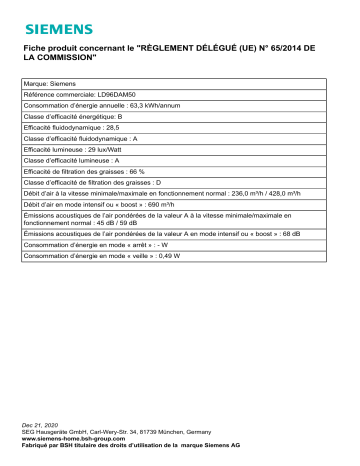 Product information | Siemens LD96DAM50 IQ500 Hotte encastrable plan de travail Product fiche | Fixfr