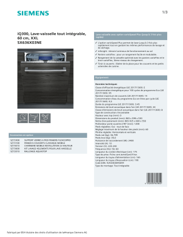 Product information | Siemens SX636X03NE Lave vaisselle tout intégrable Product fiche | Fixfr