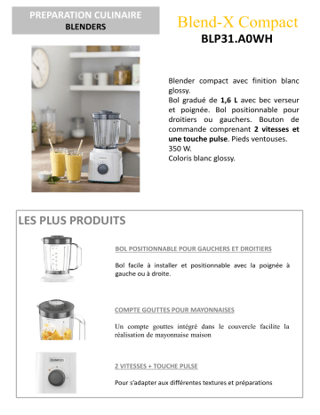 Product information | Kenwood BLP31.A0WH Blender Product fiche | Fixfr